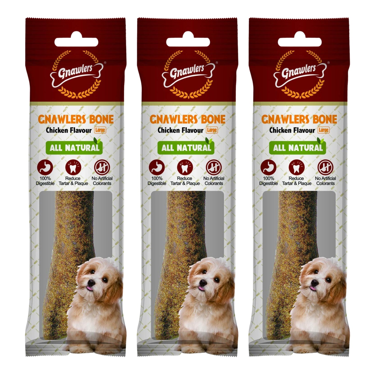 Gnawlers Chicken Bones Adult Dog Treats - 8inch (Large), Pack of 3