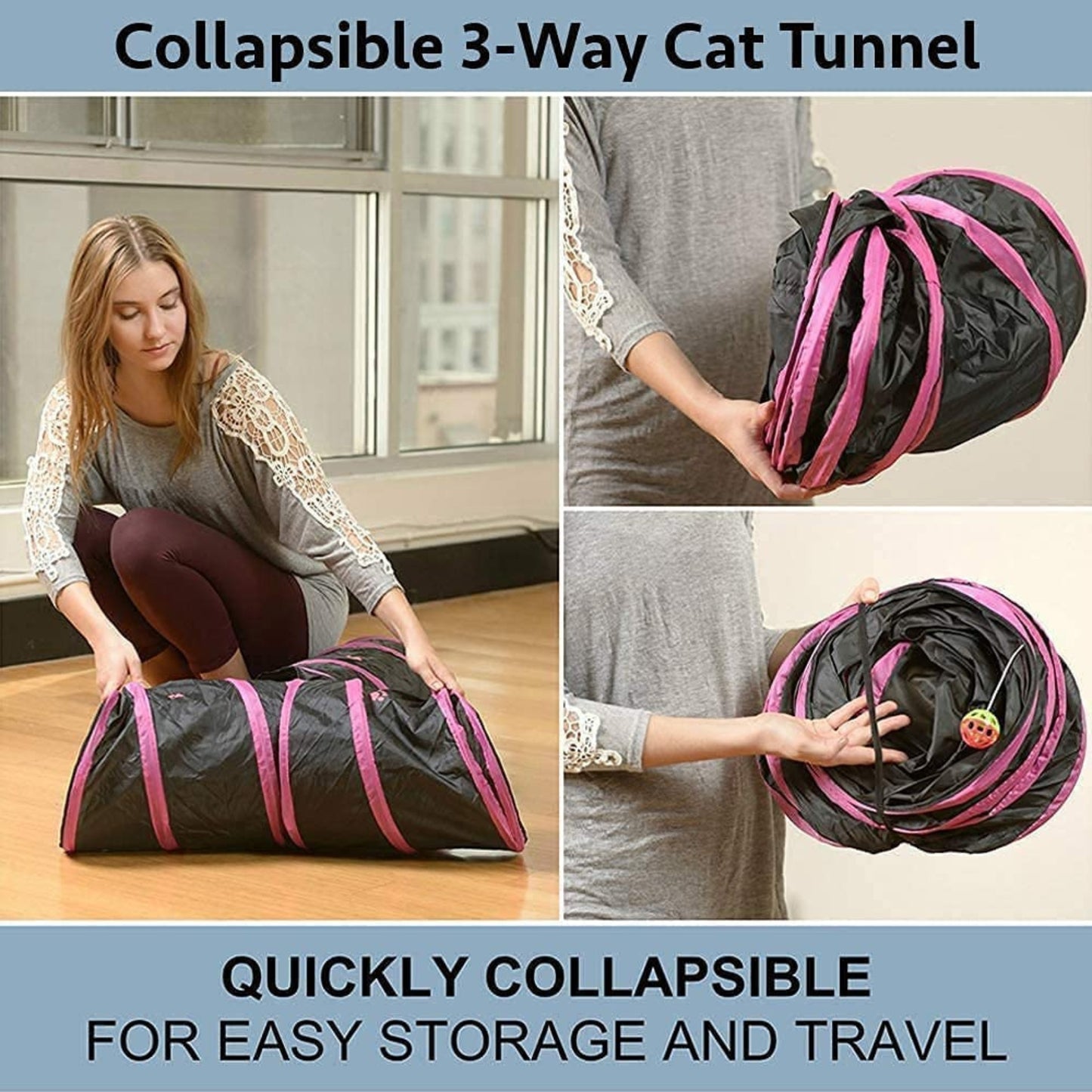 Foodie Puppies Foldable 3-Way Cat Tunnel for Cat & Kitten (Pink&Black)