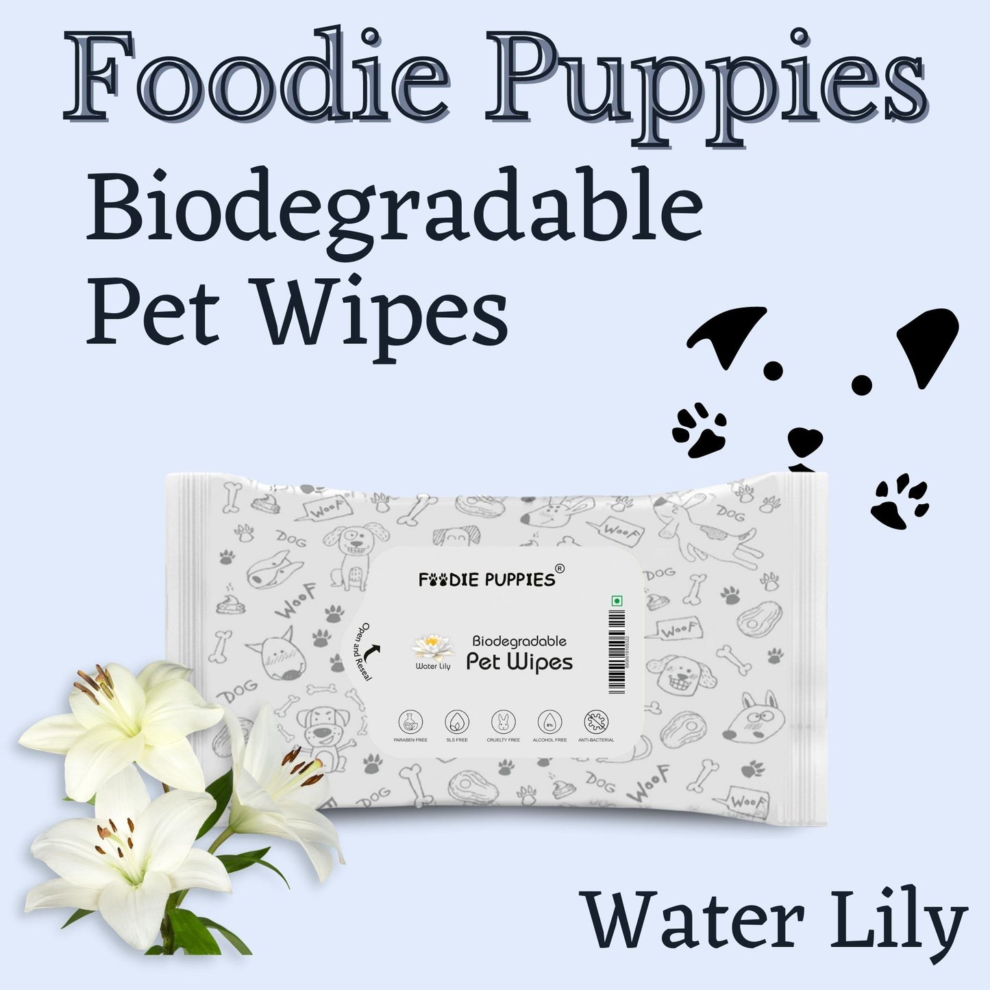 Foodie Puppies Biodegradable Water Lily Pet Wet Wipes 10 Pulls, Pack of 3