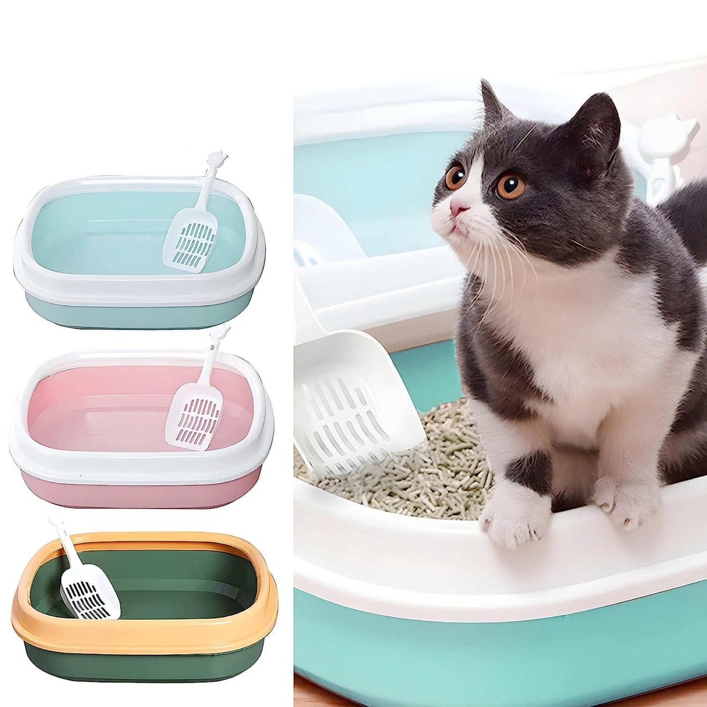 Foodie Puppies Cat Litter Tray with Rim & Scooper - Turquoise