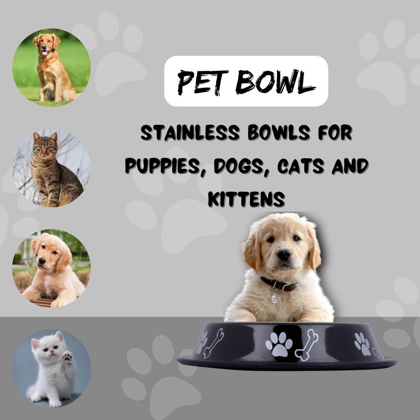 Foodie Puppies Printed Steel Bowl for Pets - 1800ml (Black), Pack of 2