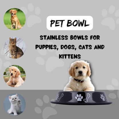Foodie Puppies Printed Steel Bowl for Pets - 700ml (Black), Pack of 2