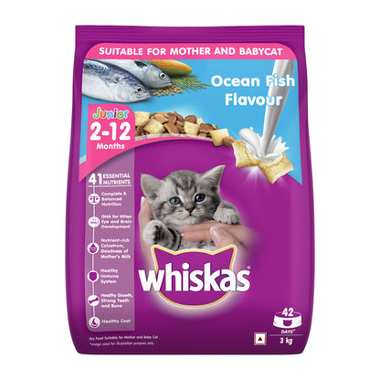 Whiskas Dry Cat Food for Mother and Baby Cat, Ocean Fish Flavor, 3Kg