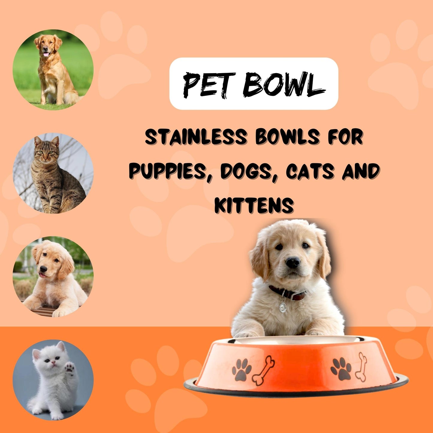 Foodie Puppies Printed Steel Bowl for Pets - 1800ml (Orange), Pack of 2