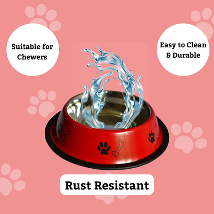 Foodie Puppies Printed Steel Bowl for Pets - 1800ml (Red), Pack of 2