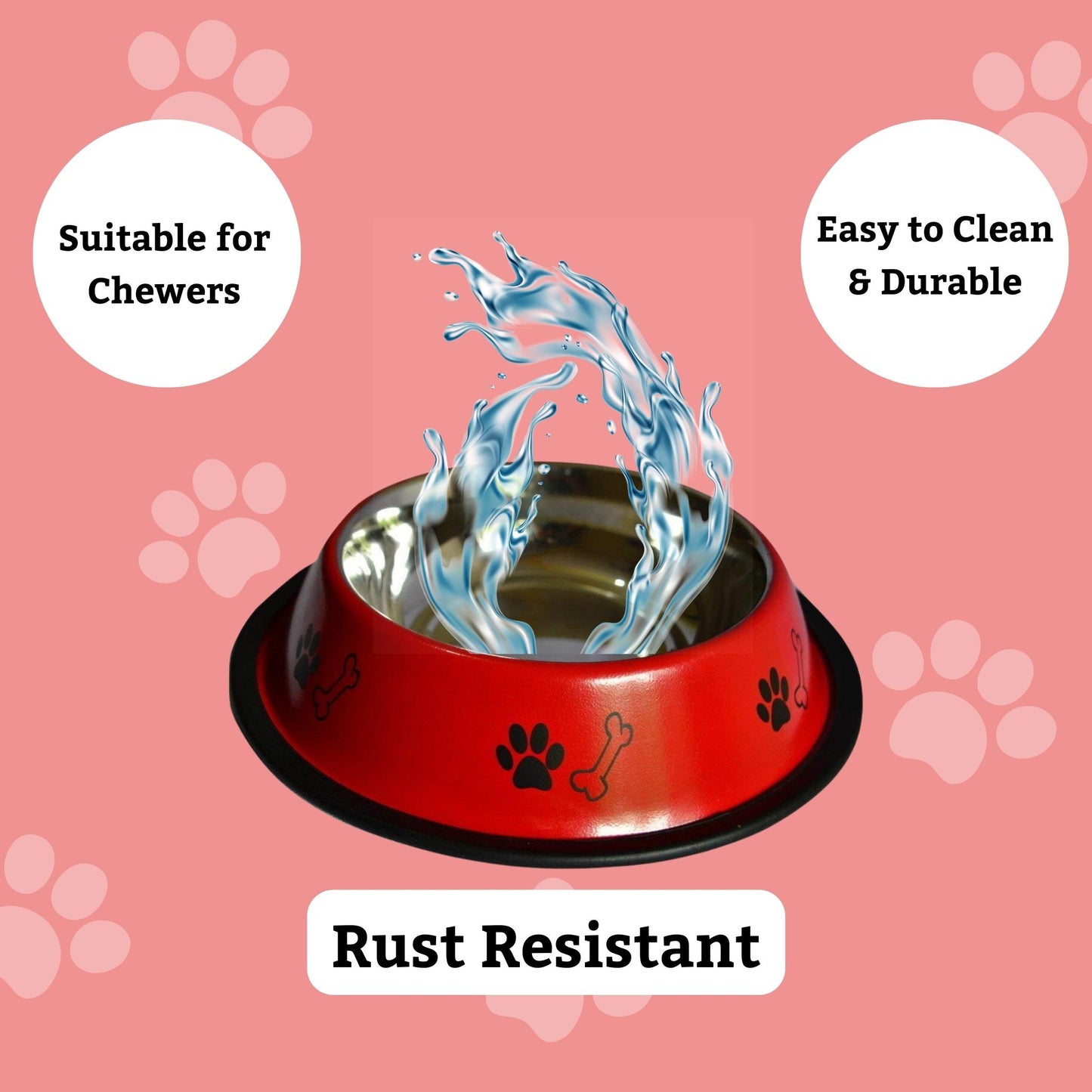 Foodie Puppies Printed Steel Bowl for Pets - 450ml (Red)