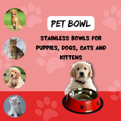 Foodie Puppies Printed Steel Bowl for Pets - 450ml (Red), Pack of 2