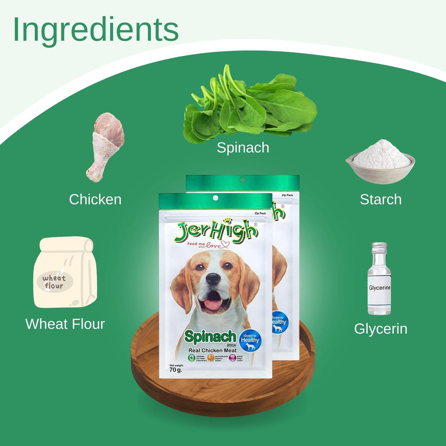 JerHigh Spinach Sticks Dog Treat with Real Chicken - 70gm, Pack of 2