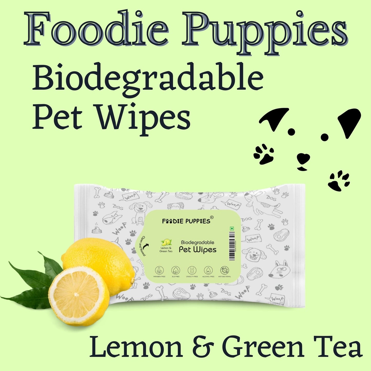 Foodie Puppies Biodegradable Lemon & Green Tea Wipes 10 Pulls, Pack of 6