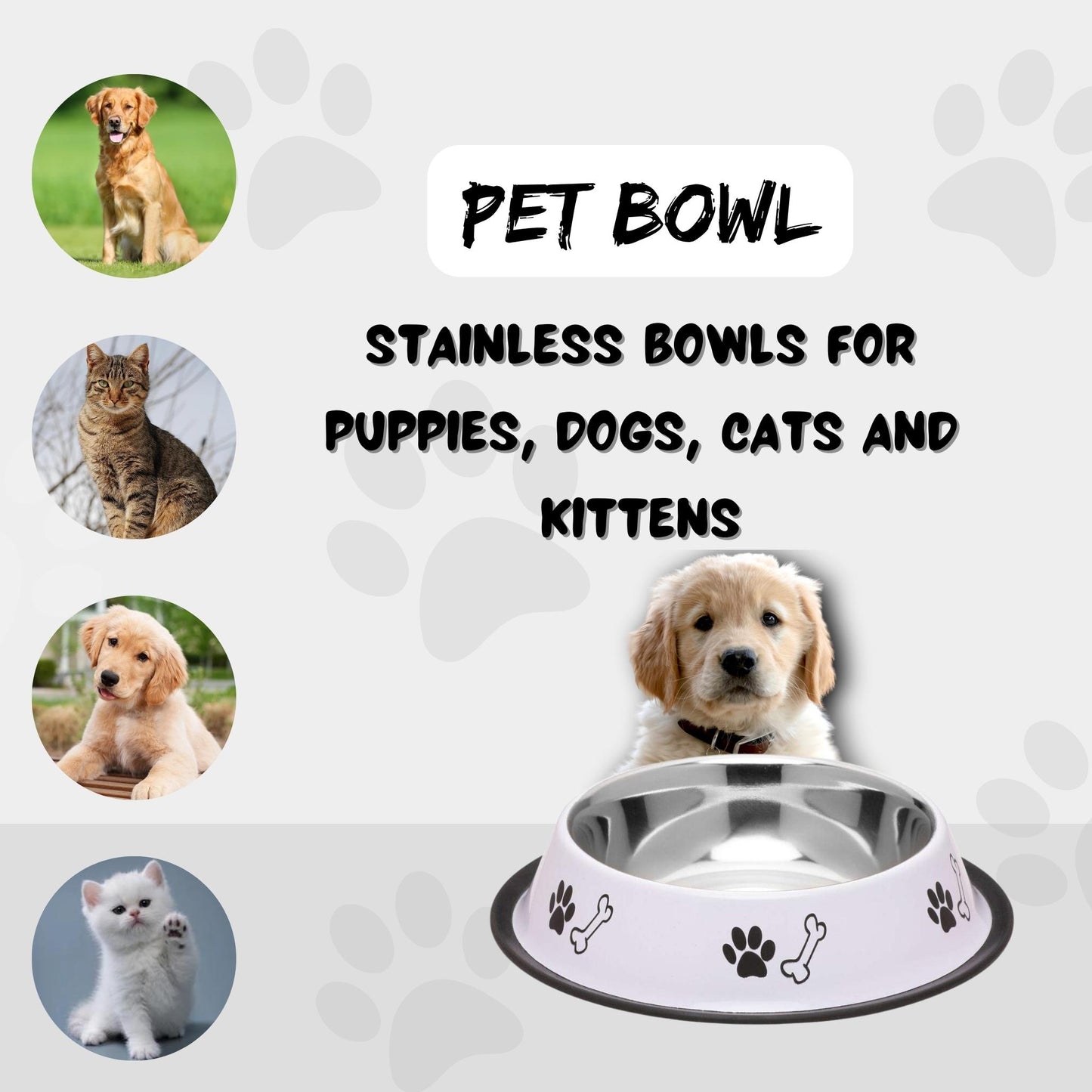 Foodie Puppies Printed Steel Bowl for Pets - 450ml (White), Pack of 2