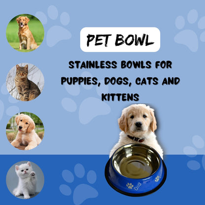 Foodie Puppies Printed Steel Bowl for Pets - 700ml (Blue), Pack of 2