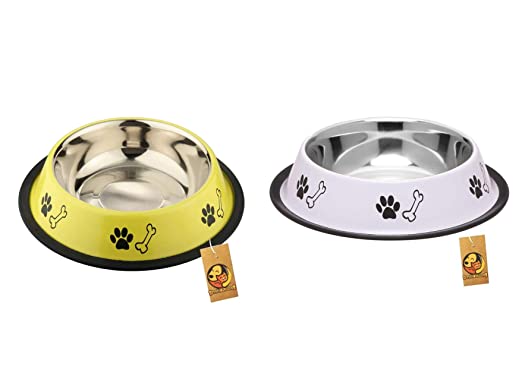Stainless Steel Paw Bone Print Dog Bowl (Medium, 700ml - White & Yellow) Combo