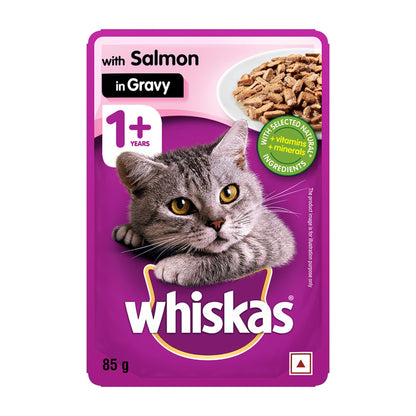 Whiskas Salmon in Gravy Wet Food for Adult Cats - 85gm, Pack of 12