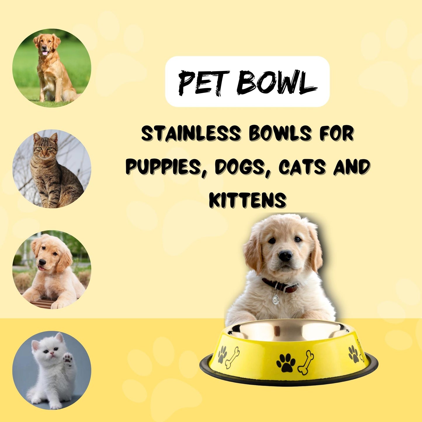 Foodie Puppies Printed Steel Bowl for Pets - 1800ml (Yellow), Pack of 2