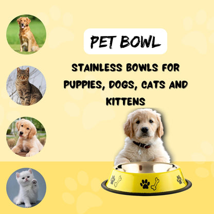Foodie Puppies Printed Steel Bowl for Pets - 450ml (Yellow)