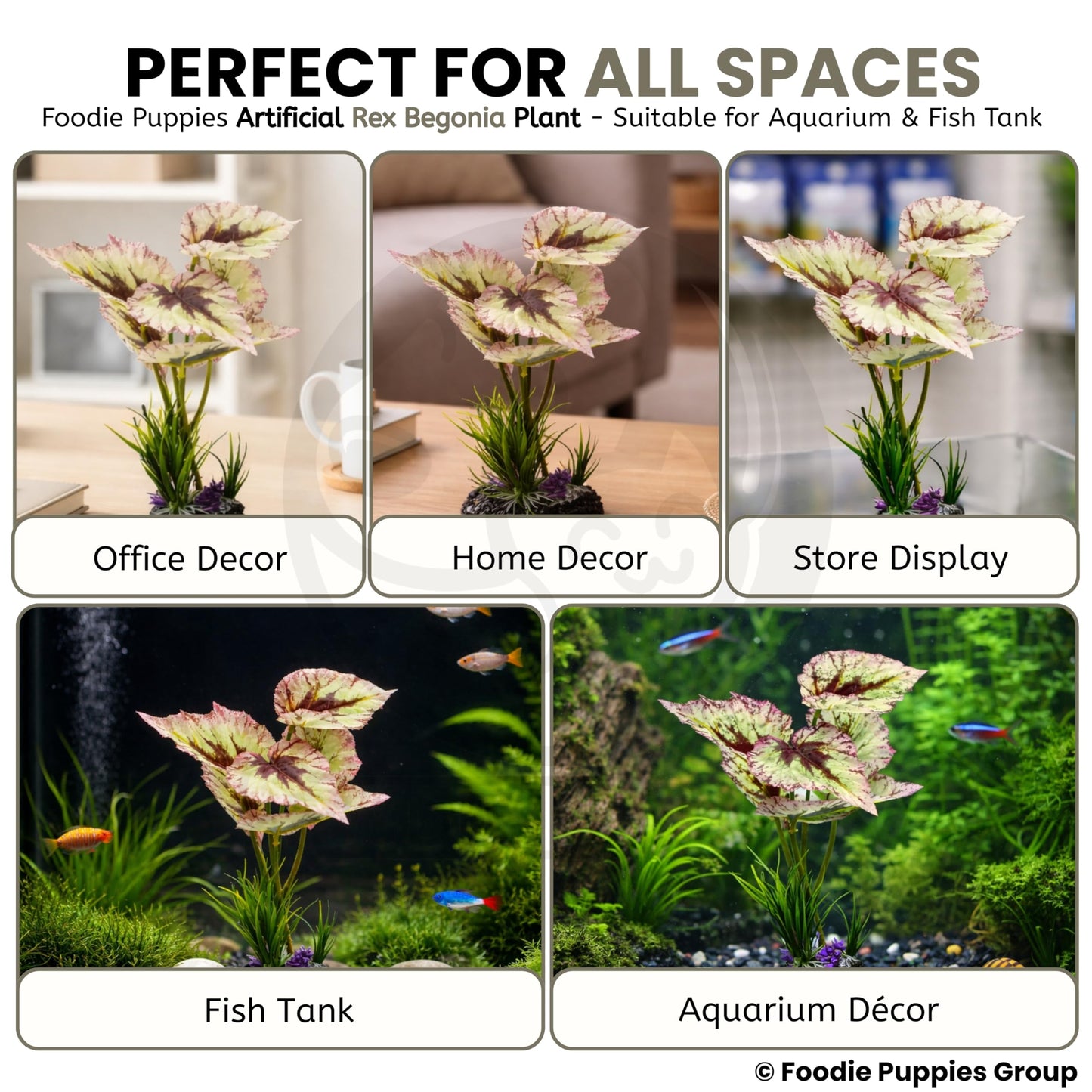 Foodie Puppies Aquarium Rex Begonia Plastic Plant with Resin Base Decor for Fish Tank Ornament Accessories