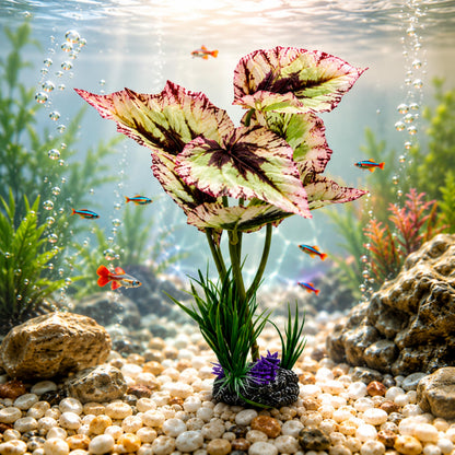 Foodie Puppies Aquarium Rex Begonia Plastic Plant with Resin Base Decor for Fish Tank Ornament Accessories