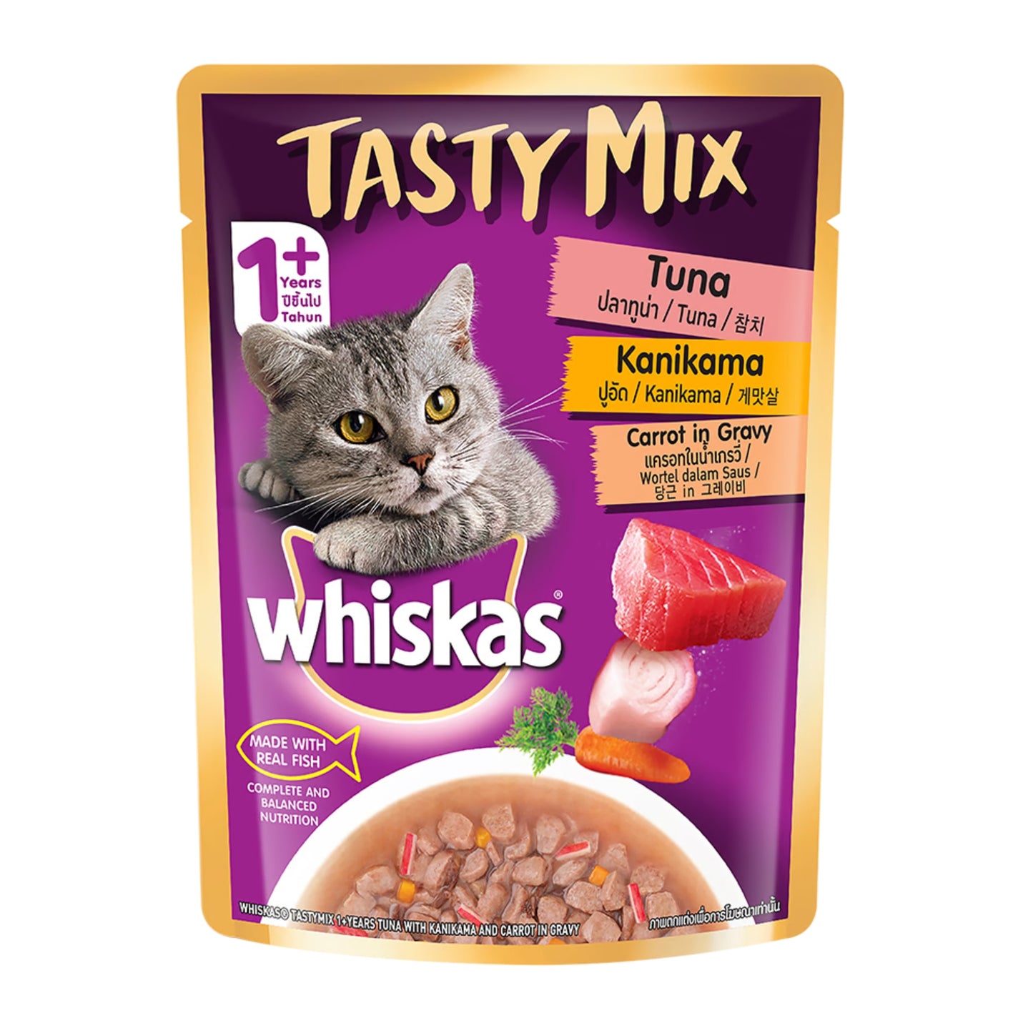 Whiskas Adult Cat Tasty Mix Tuna Kanikama Carrot in Gravy - Pack of 12
