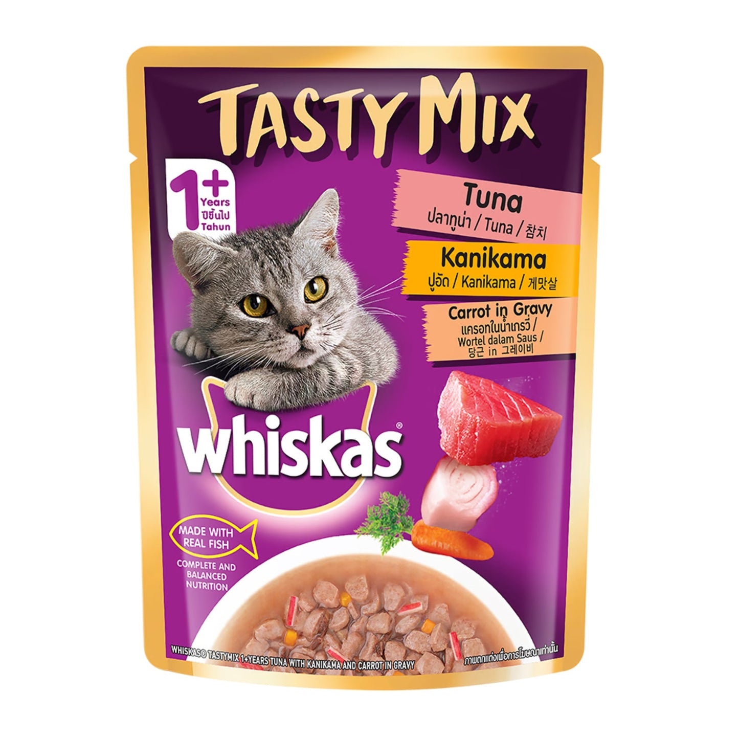 Whiskas Adult Cat Tasty Mix Tuna Kanikama Carrot in Gravy - Pack of 18