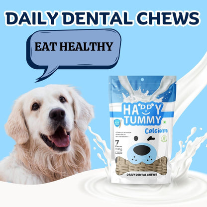 Happy Tummy Dental Chew Bone Treat for Dogs - 7Pcs, Large (Calcium)