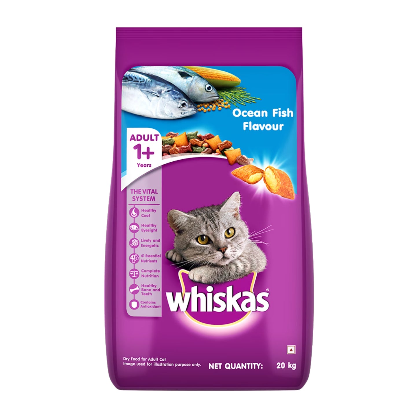 Whiskas Adult Dry Cat Food, Ocean Fish Flavor, 20Kg