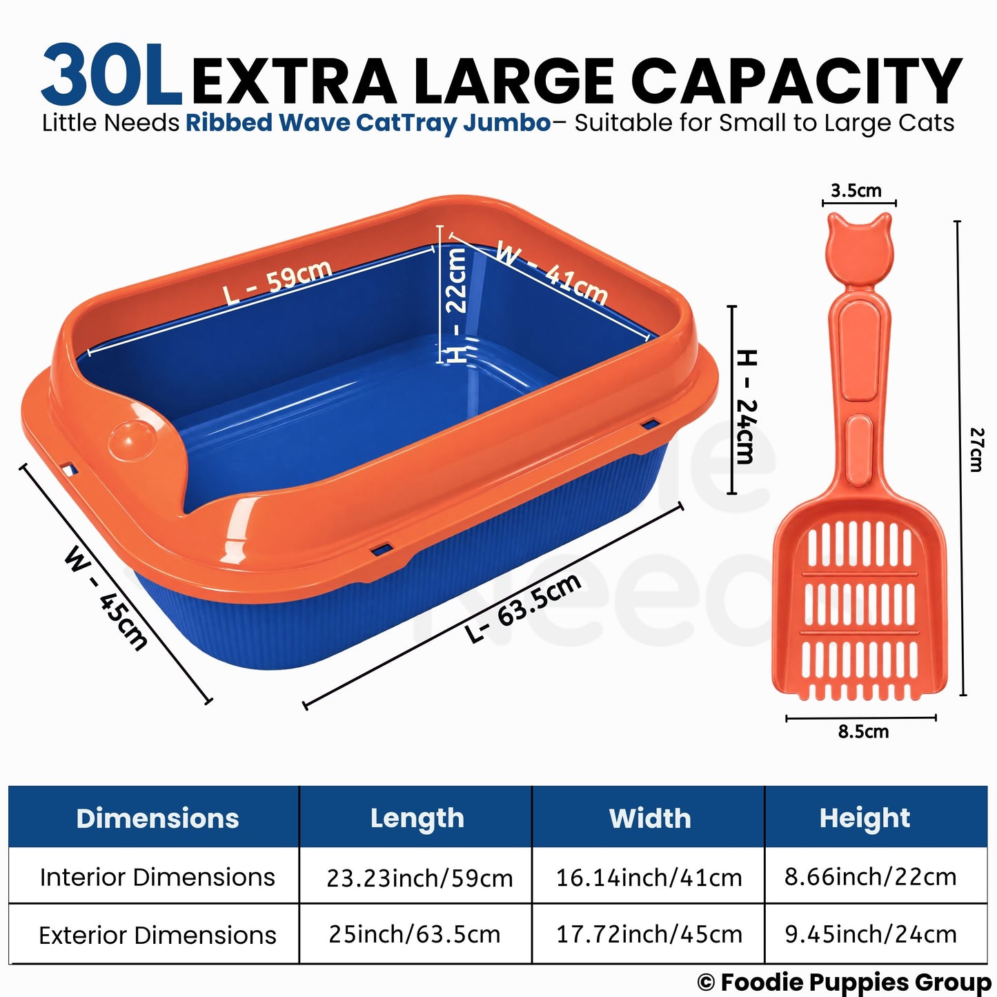 Spacious Ribbed Wave Cat Litter Tray (Orange & Blue, 38L x 48W x 12H) with High-Sided Rim
