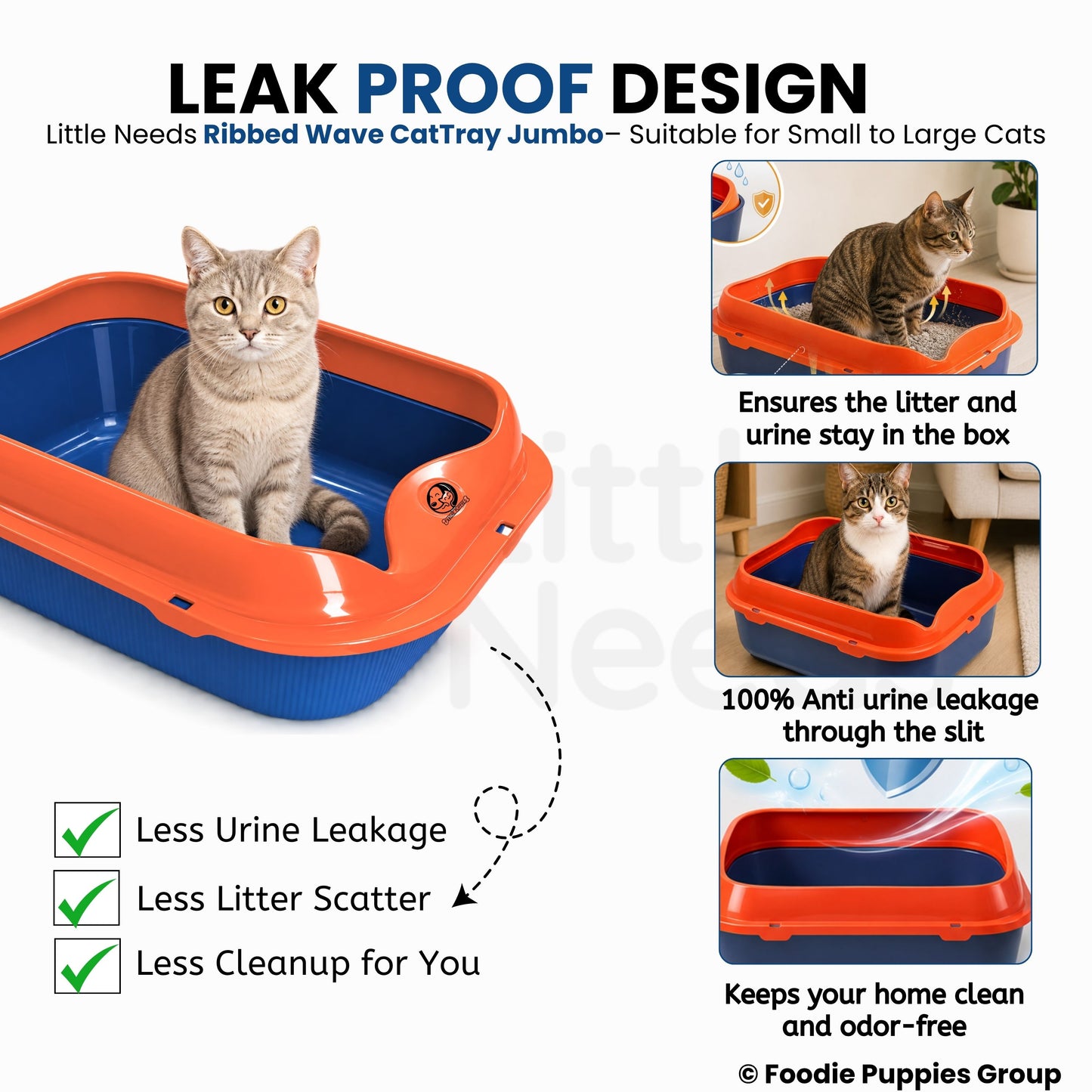 Spacious Ribbed Wave Cat Litter Tray (Orange & Blue, 38L x 48W x 12H) with High-Sided Rim