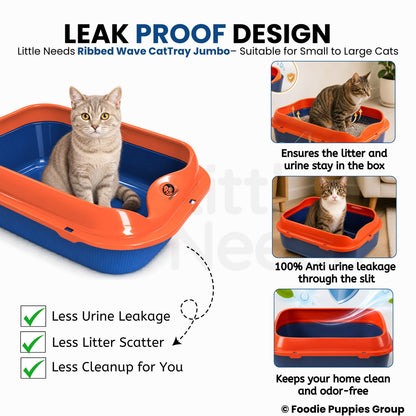 Spacious Ribbed Wave Cat Litter Tray (Orange & Blue, 38L x 48W x 12H) with High-Sided Rim