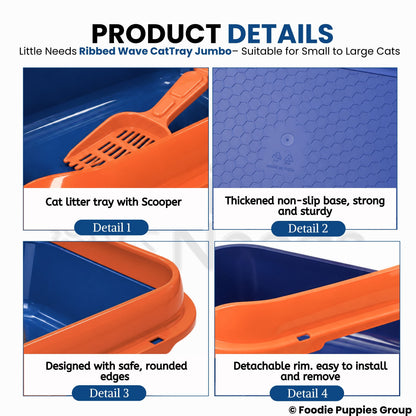 Spacious Ribbed Wave Cat Litter Tray (Orange & Blue, 38L x 48W x 12H) with High-Sided Rim
