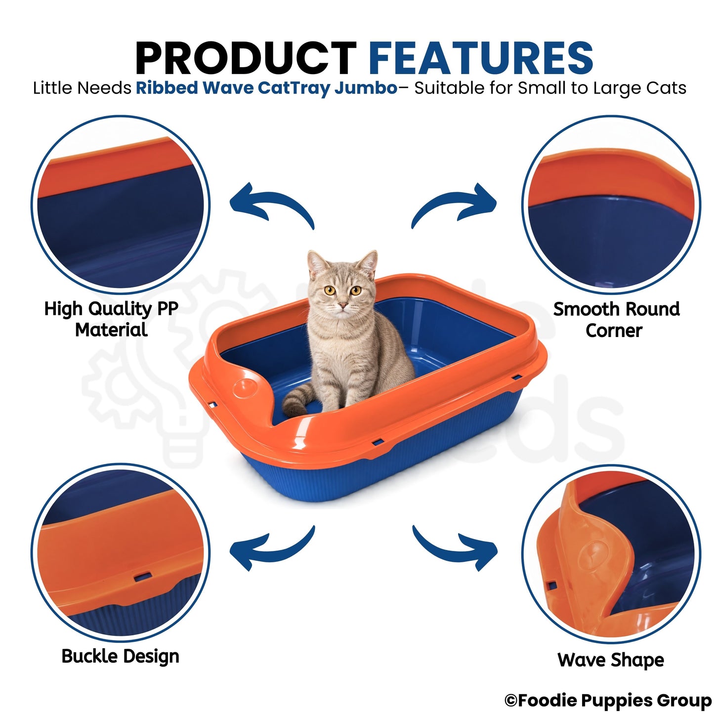 Spacious Ribbed Wave Cat Litter Tray (Orange & Blue, 38L x 48W x 12H) with High-Sided Rim