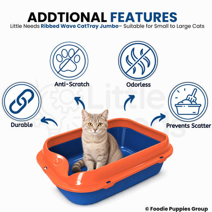 Spacious Ribbed Wave Cat Litter Tray (Orange & Blue, 38L x 48W x 12H) with High-Sided Rim