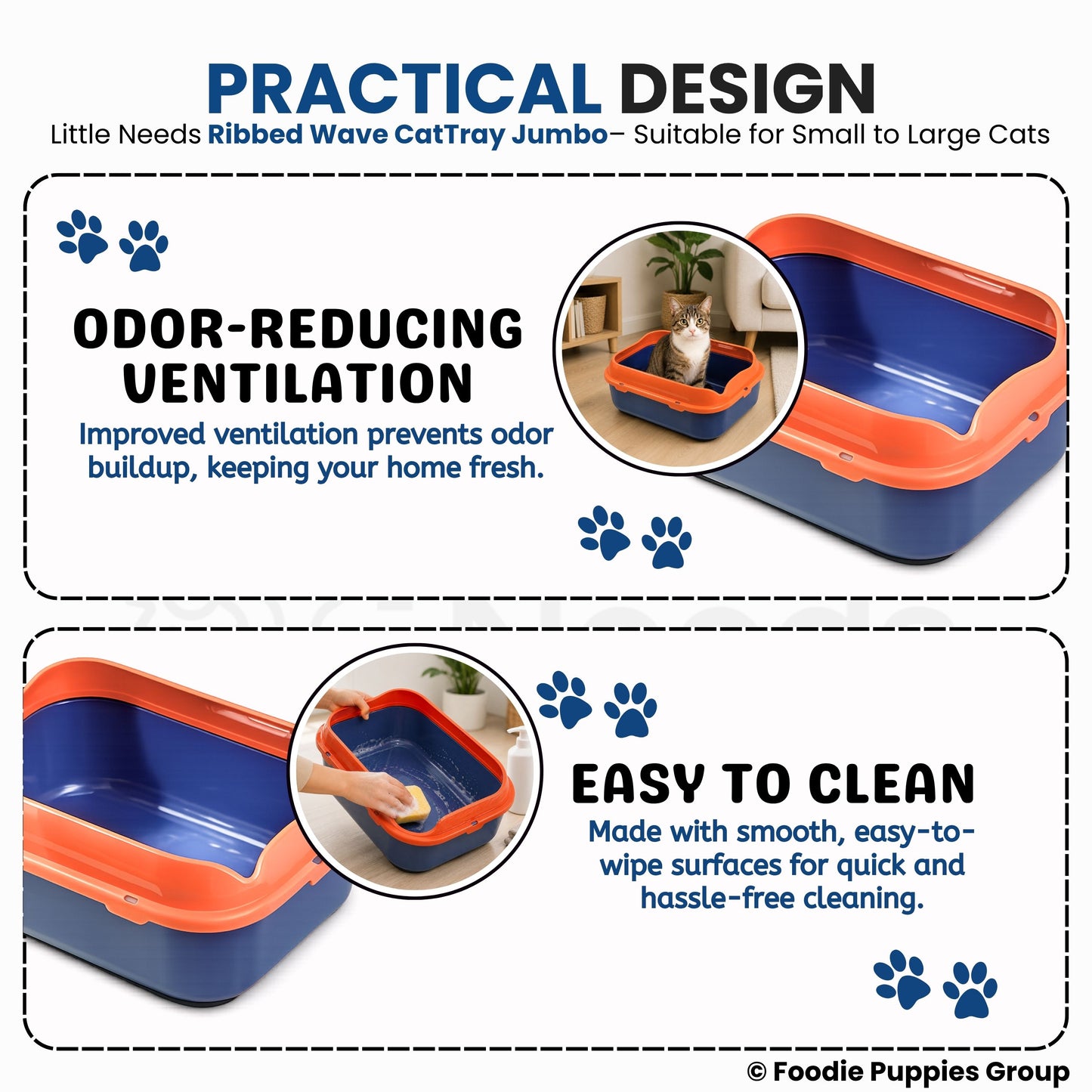 Spacious Ribbed Wave Cat Litter Tray (Orange & Blue, 38L x 48W x 12H) with High-Sided Rim