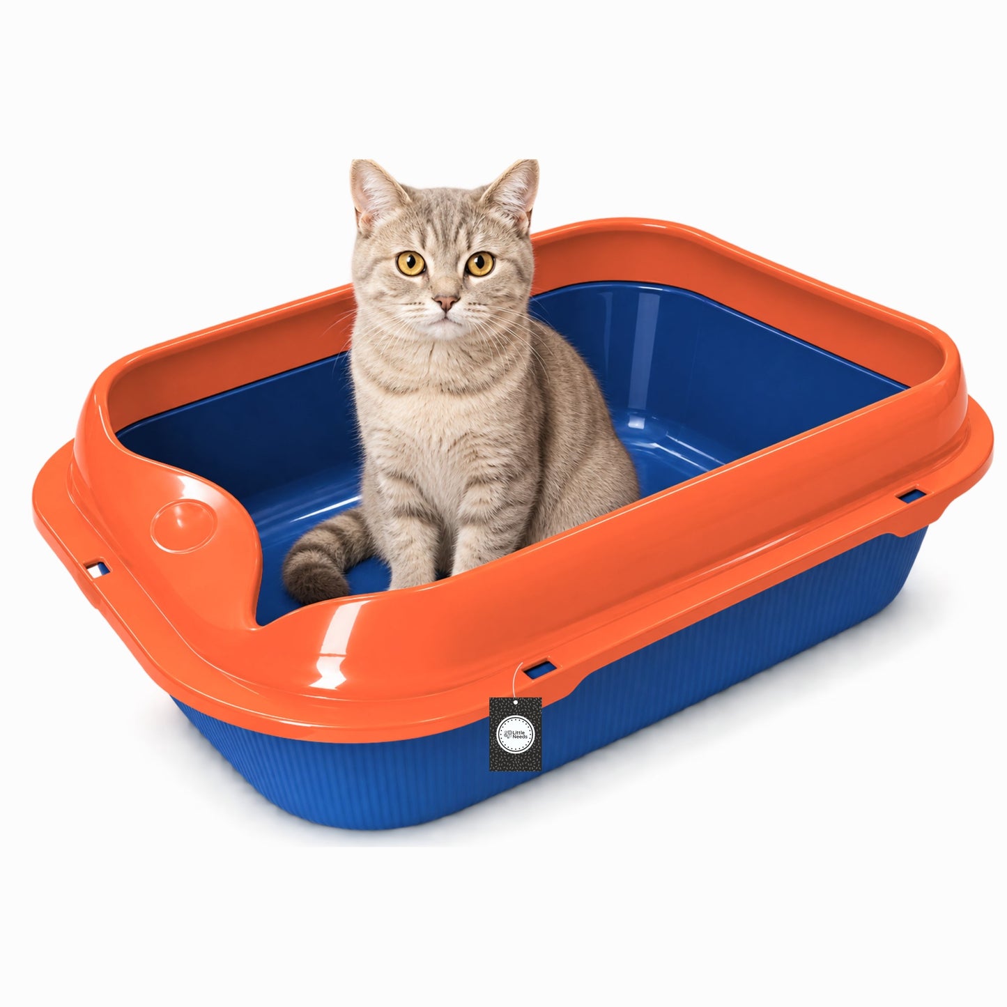 Spacious Ribbed Wave Cat Litter Tray (Orange & Blue, 38L x 48W x 12H) with High-Sided Rim