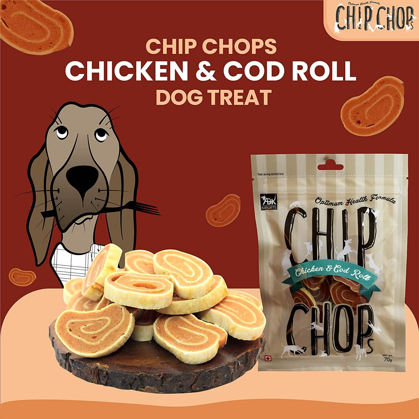 Chip Chops Dog Treats - Chicken & Codfish Roll (70gm, Pack of 3)