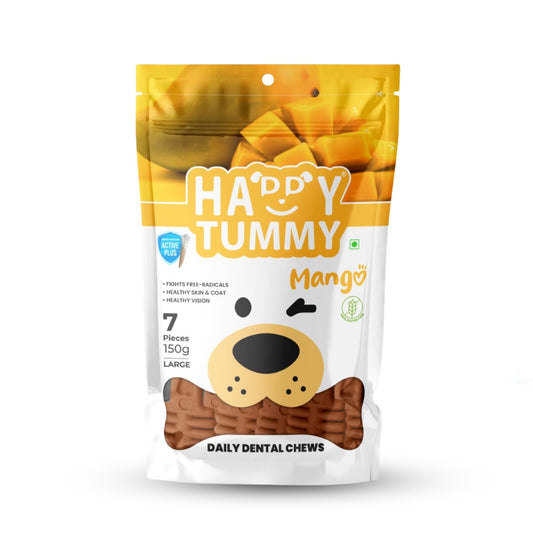 Happy Tummy Dental Chew Bone Treat for Dogs - 7Pcs, Large (Mango)