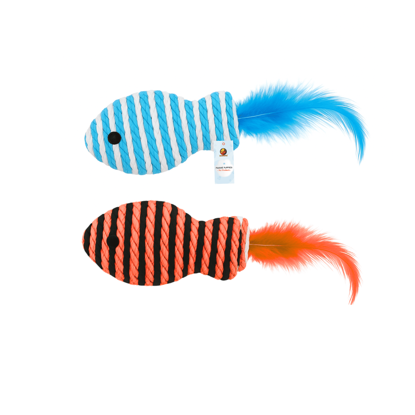 Colorful fish-shaped cat toys with feathers