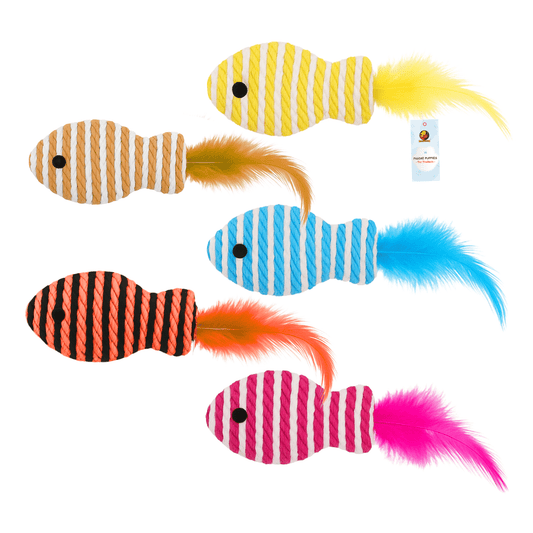 Colorful fish-shaped cat toys with feathers