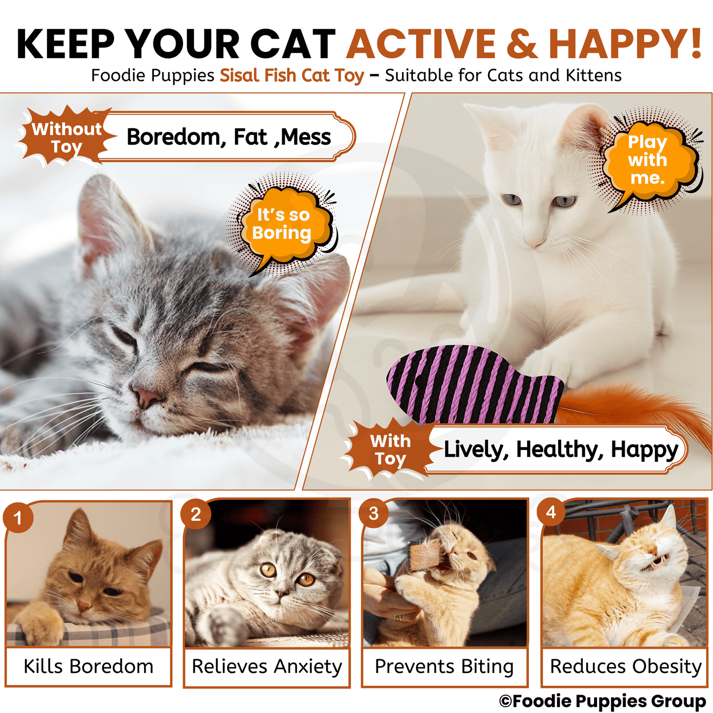 Colorful fish-shaped cat toys with feathers