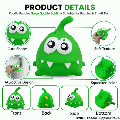 Green Gobble Goblin Latex Dog Squeaky Chew Toy (10cm) for Small Dogs and Puppies