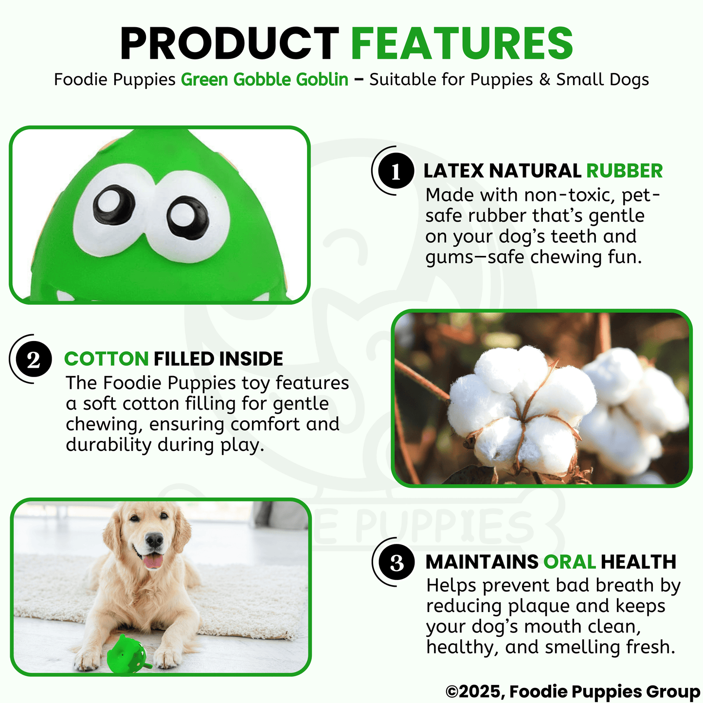Green Gobble Goblin Latex Dog Squeaky Chew Toy (10cm) for Small Dogs and Puppies
