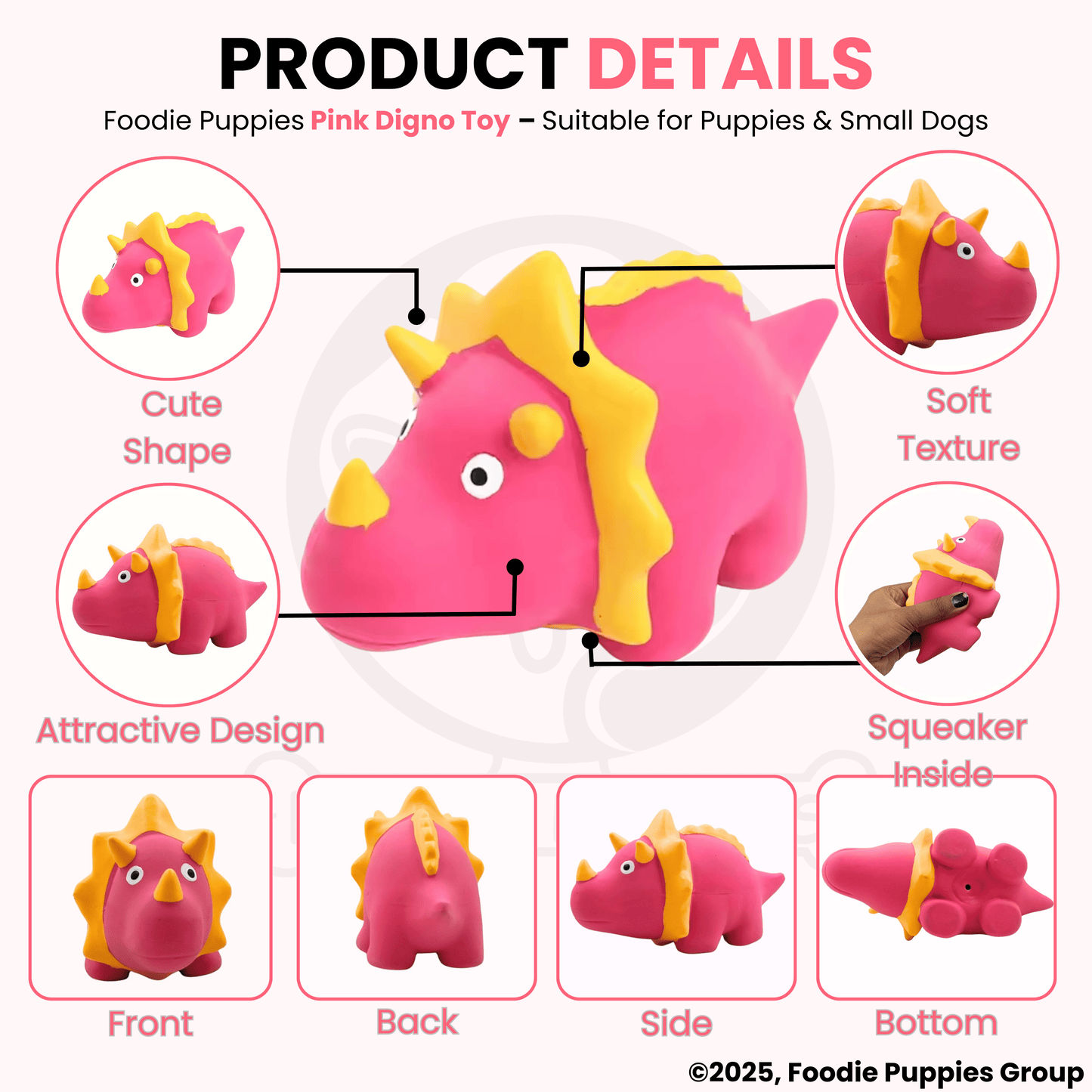 Pink Digno Dog Squeaky Chew Toy (16cm) for Small Dogs and Puppies