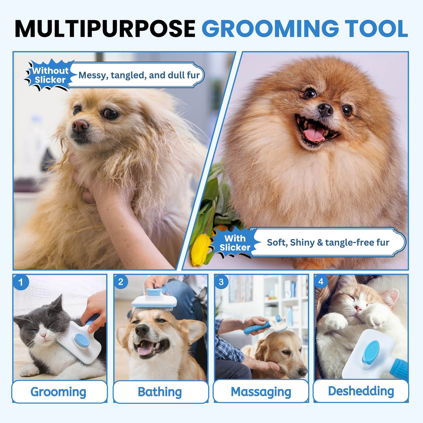 Self-Cleaning Slicker, Grooming Shedding Brush for Dogs & Cats