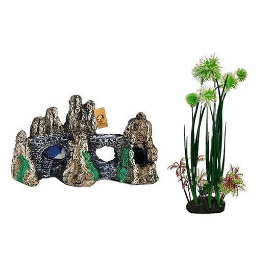 Foodie Puppies Fish Tank Decorations Combo (Frozen Flower Plant + Brown Hills)