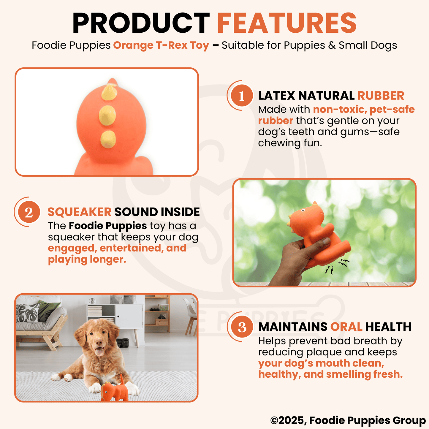 Orange T-Rex Latex Dog Squeaky Chew Toy (13cm) for Small Dogs and Puppies