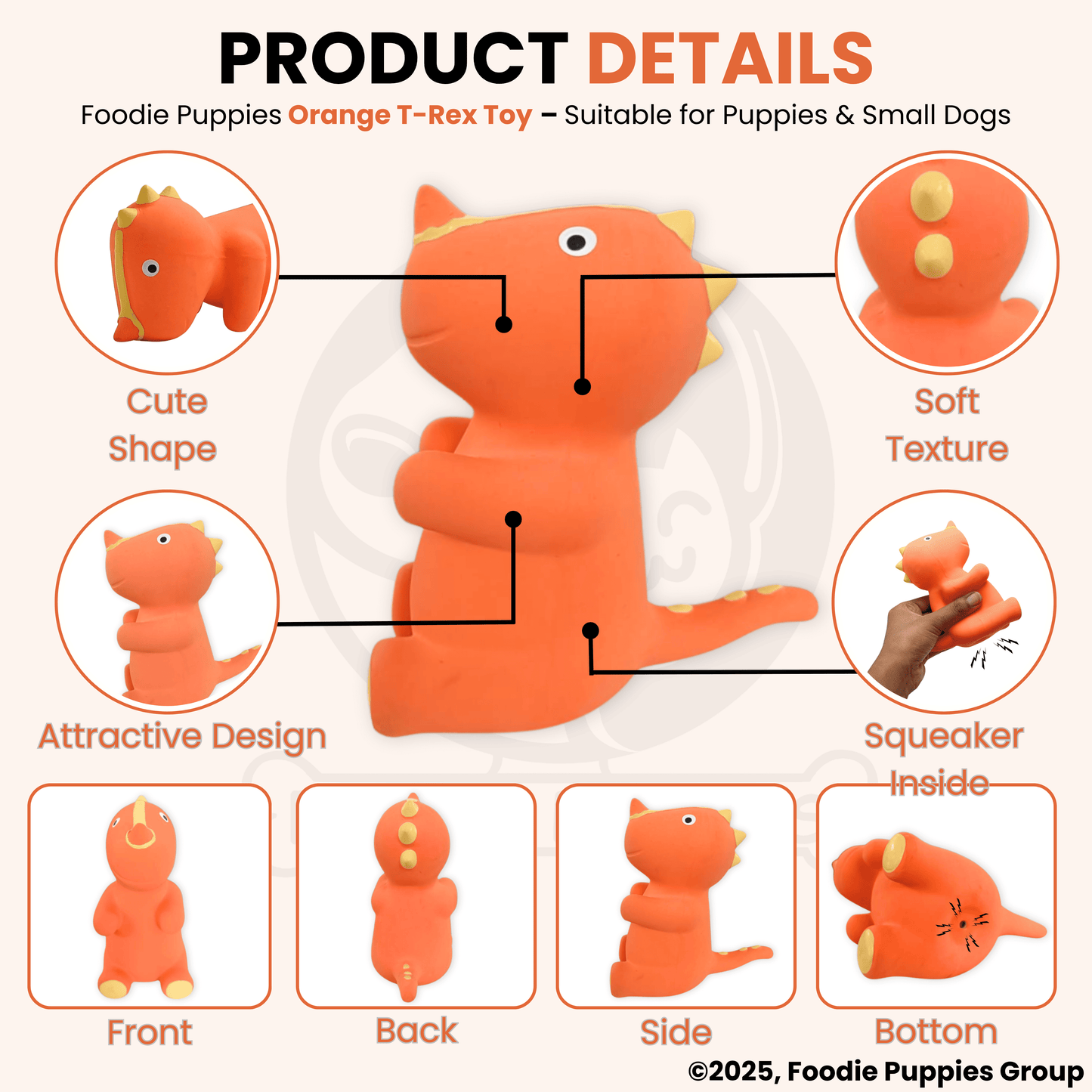 Orange T-Rex Latex Dog Squeaky Chew Toy (13cm) for Small Dogs and Puppies