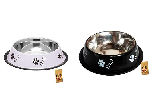 Printed Steel Bowl Combo for Pets - 1800ml (White & Black)